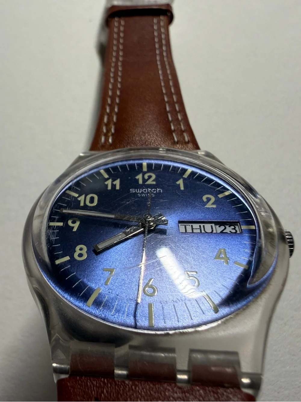 Swatch Blue Face with Brown Strap